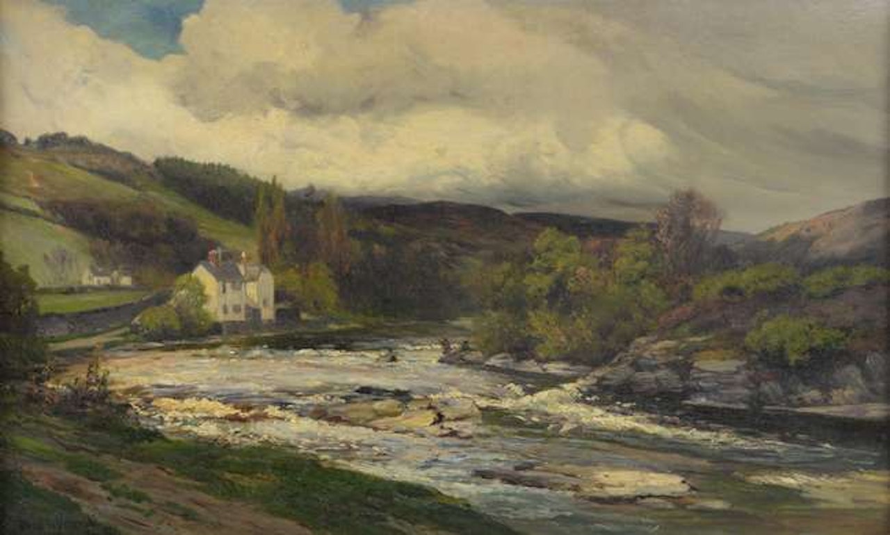 landscape with cottage and river by Alfred de Breanski