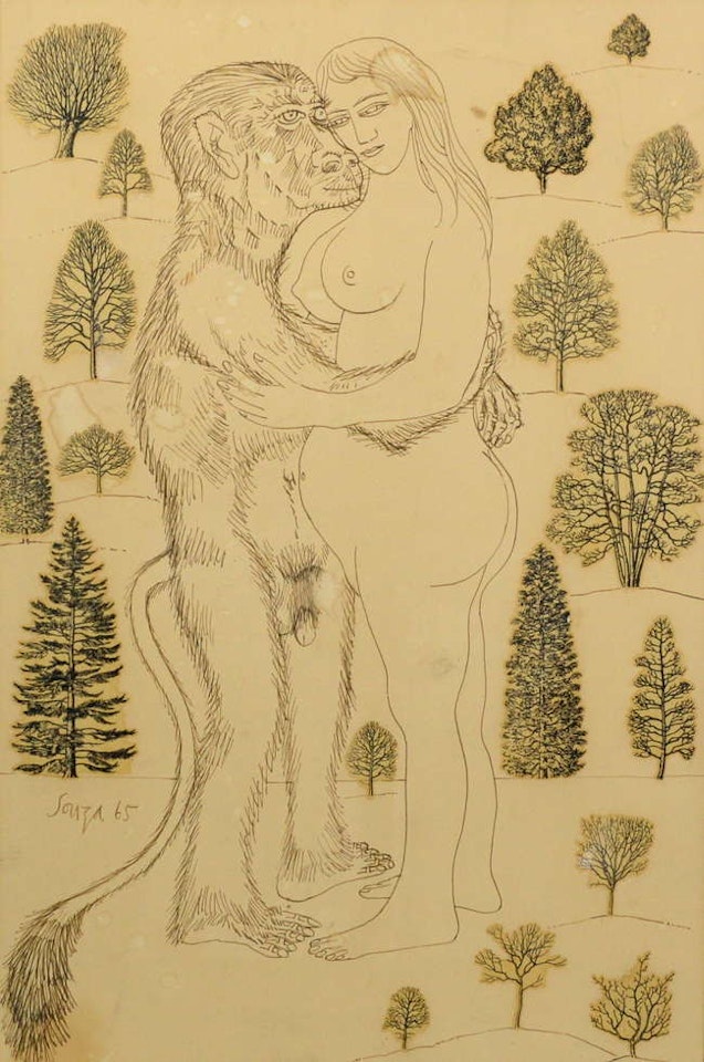 untitled, depiction of an anthropomorphic ape and a nude woman with trees to background by Francis Newton Souza