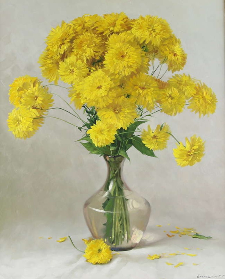 still life chrysanthemums in a glass vase by Russian School