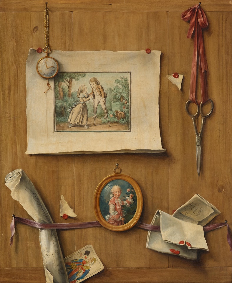 Still Life with Watch, Miniature, Scissors, Playing Card and Letters (Trompe-l"œil) by French School