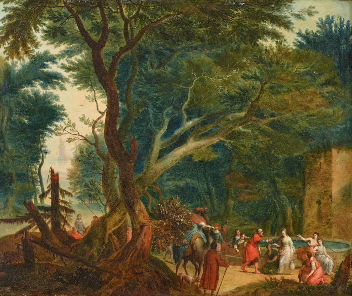 Rebecca and Eliezer at the fountain in a wooded landscape by Adriaen van Stalbemt
