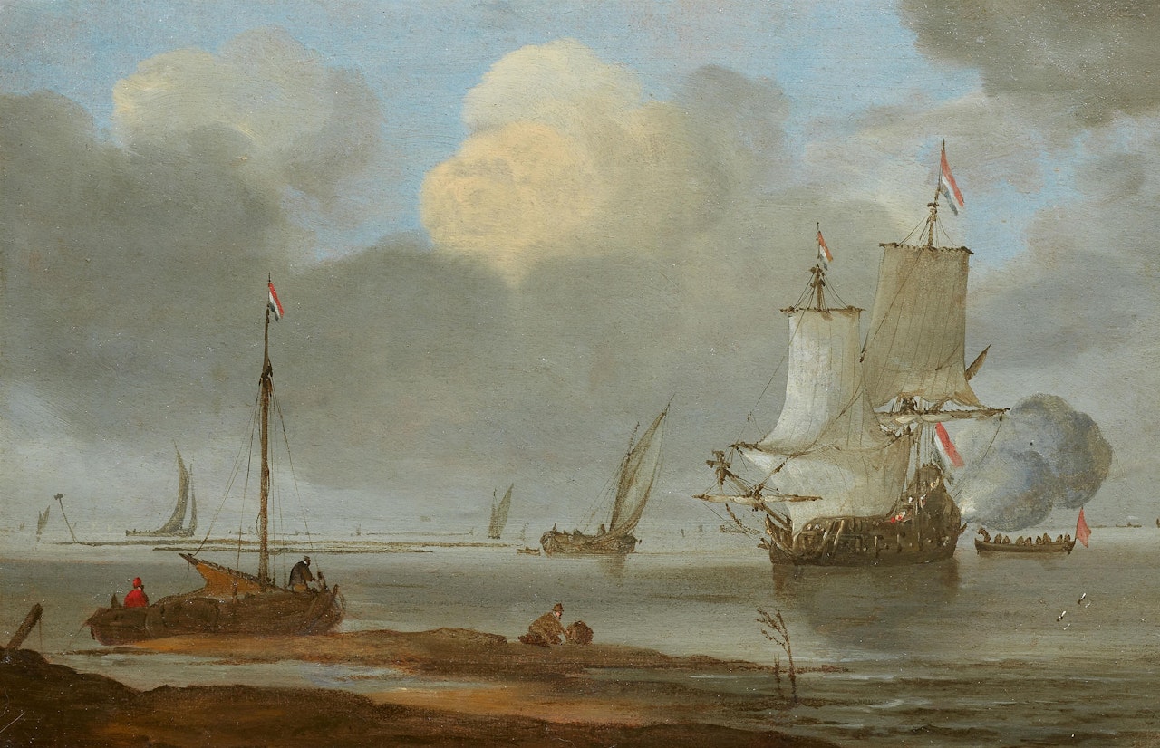 Sailing Ship and Smaller Sailing Boats on Calm Seas and on the Coast by Dutch School