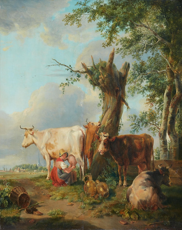 Landscape with Cattle and a Young Woman Milking by Eugène Joseph Verboeckhoven