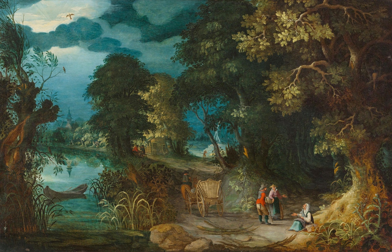 Landscape with a Barge on a River, Horse Cart and Travellers by Abraham Govaerts