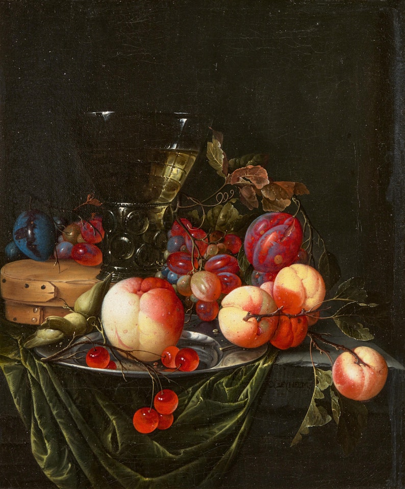 Still life with a Römer, a Wooden Box and a Silver Plate with Fruit on a Dark Green Velvet Cloth by Cornelis de Heem
