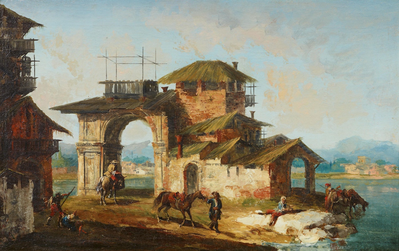 Pair of Architectural Capricci with Ancient Ruins and Houses by Michele Marieschi