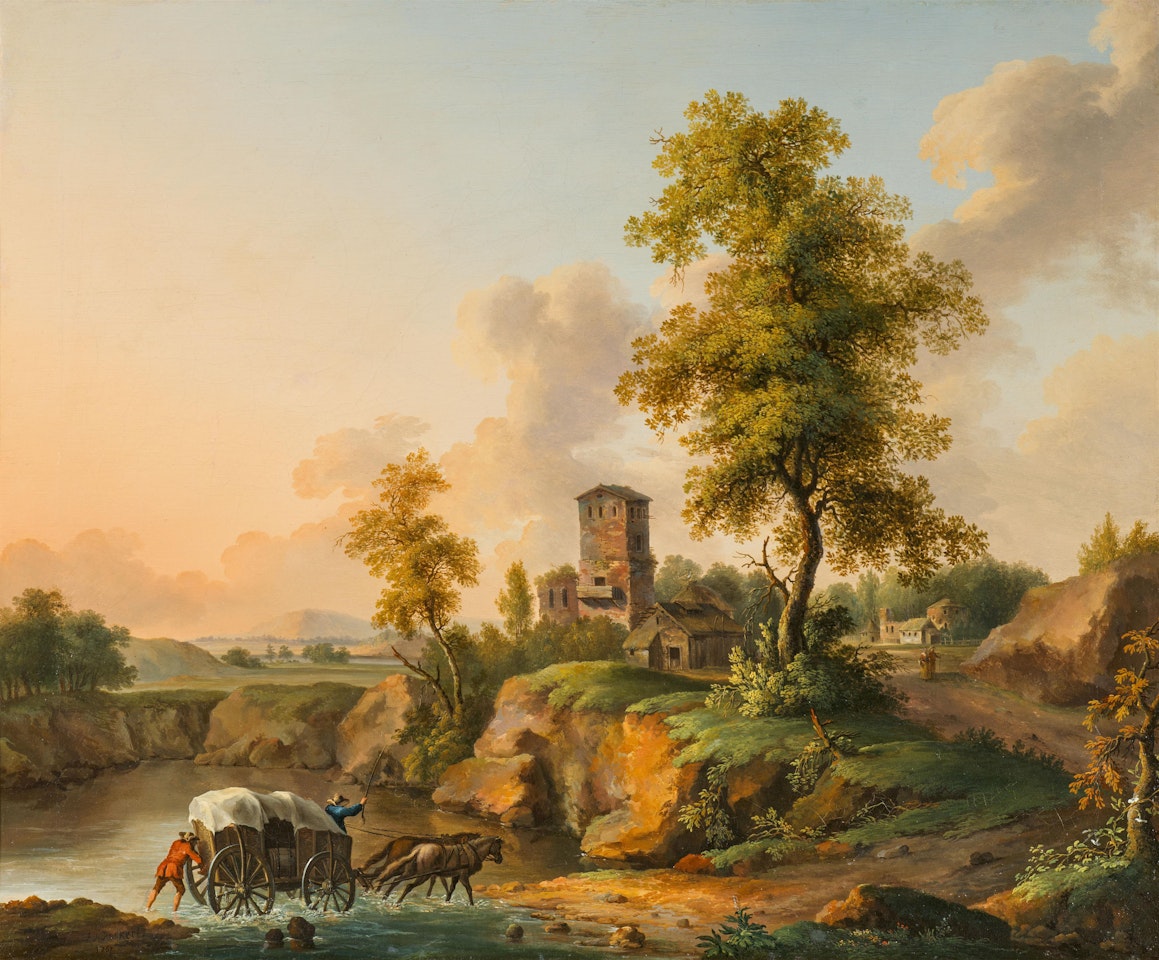 Landscape with a farmstead and a carriage crossing a piece of water by Jacob Philipp Hackert