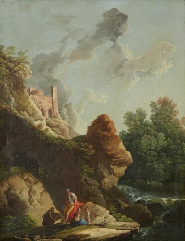 Landscape with a waterfall topped by a castle with soldiers, village women and children by Carlo Bonavia