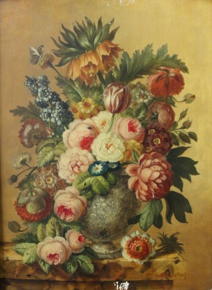 Pair of bouquets of flowers in a vase, on an entablature by Dutch School