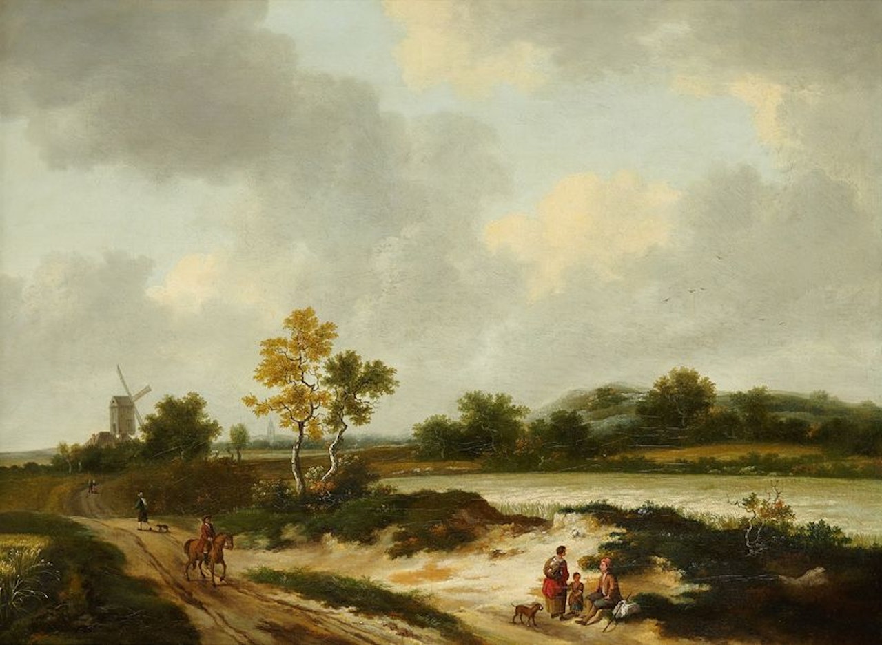 Country landscape with two trees and a mill with rider on the way and family at rest by Dutch School