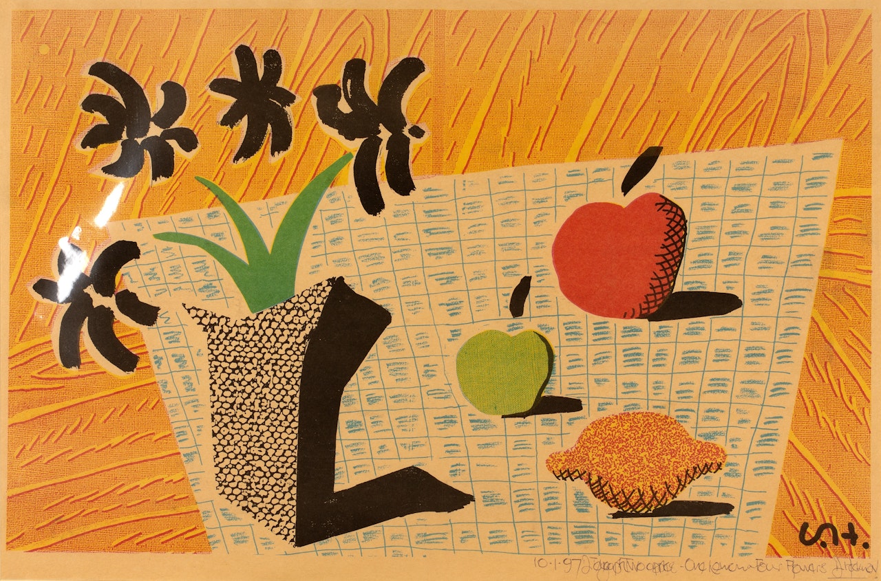 Two Apples and One Lemon and Four Flowers by David Hockney