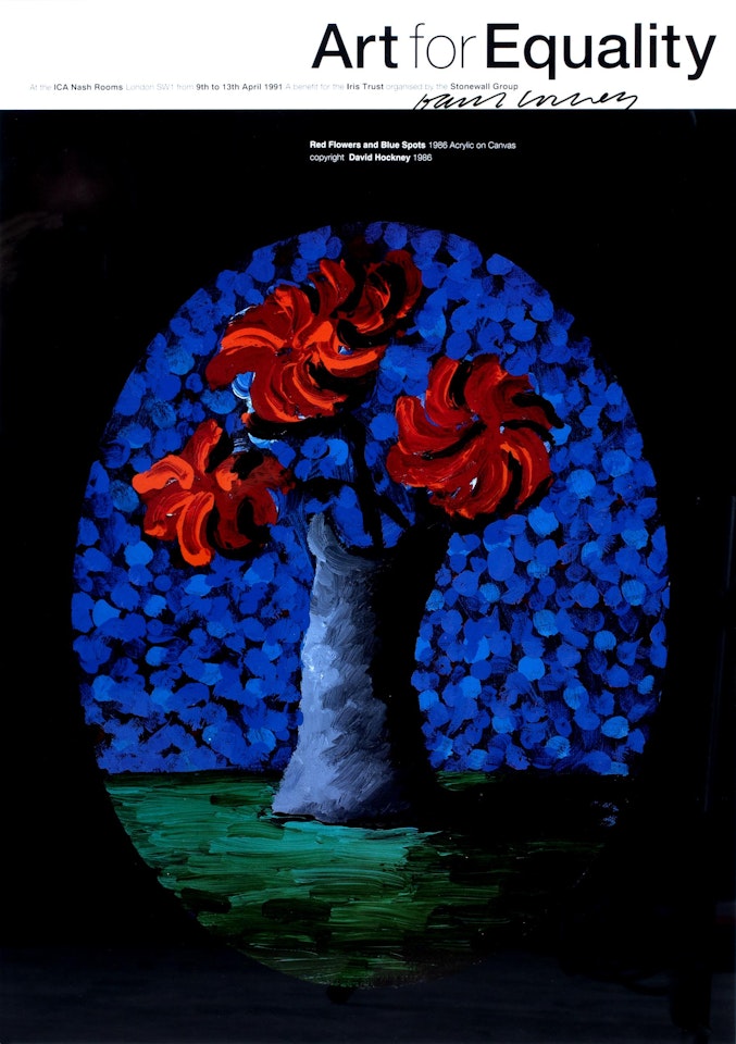 "Red flowers and blue spots" by David Hockney