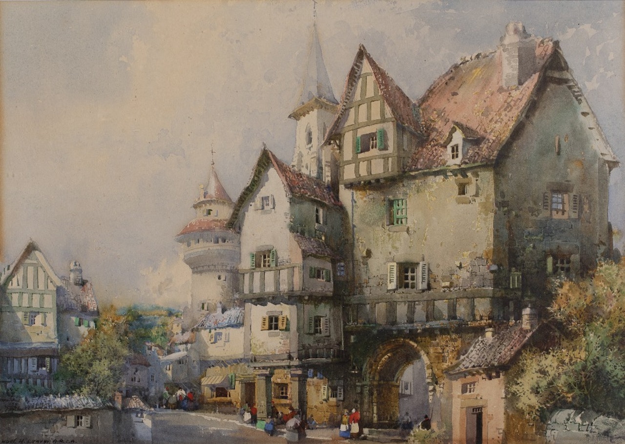 Figures in a continental town by Noel Harry Leaver