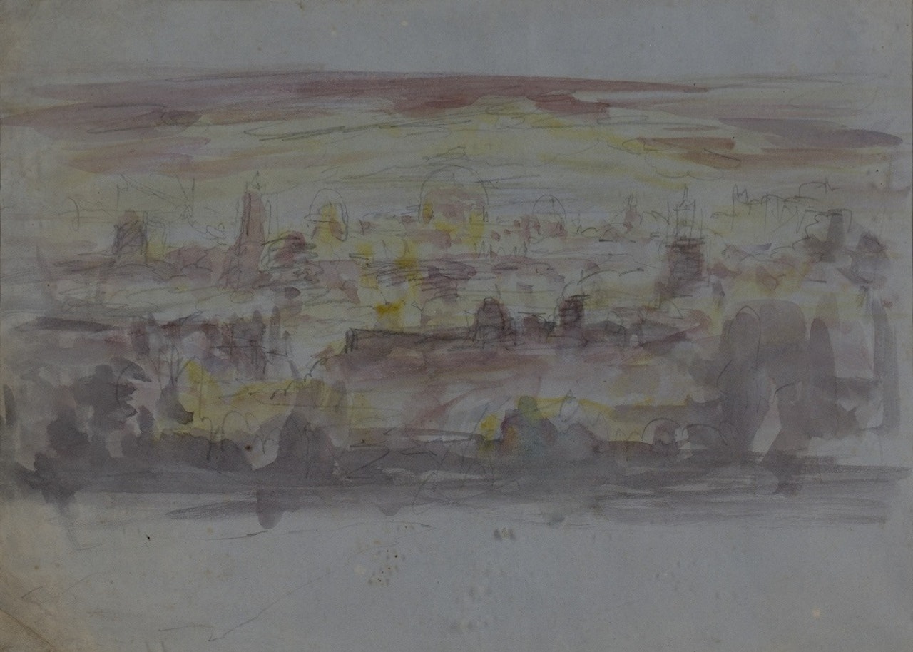 View of a town at dusk by English School