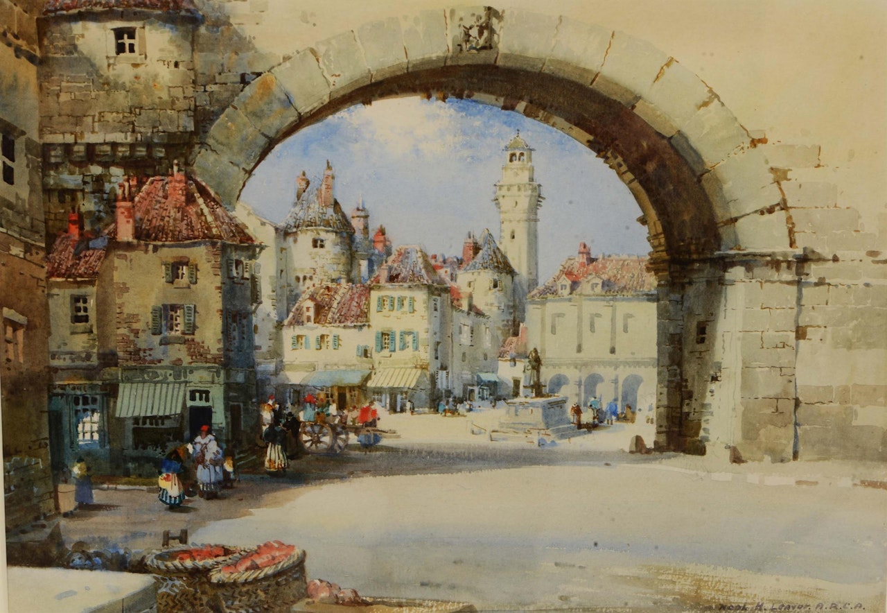 A continental market square through a stone archway by Noel Harry Leaver
