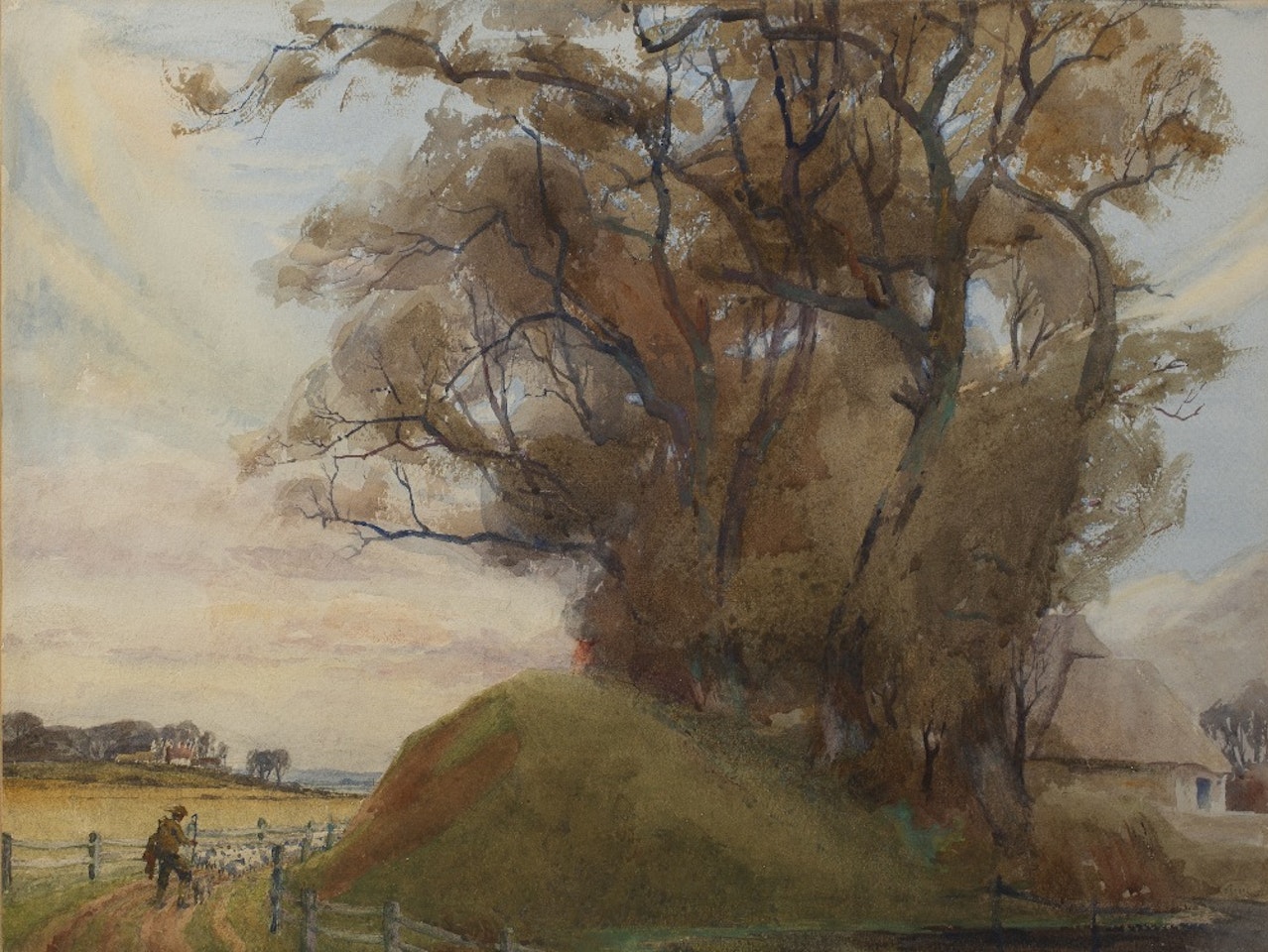 Wooded landscape with shepherd and sheep on a track; view of a church by English School