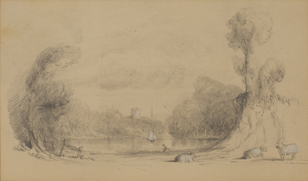 Sheep before a lake, with distant sailing boat and church by William Callow