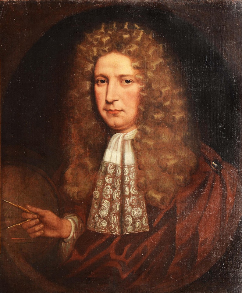 Portrait of a gentleman, perhaps a cartographer or architect wearing long brown curly wig and a laced trimmed stock and red jacket holding a pair of dividers in his right hand by English School