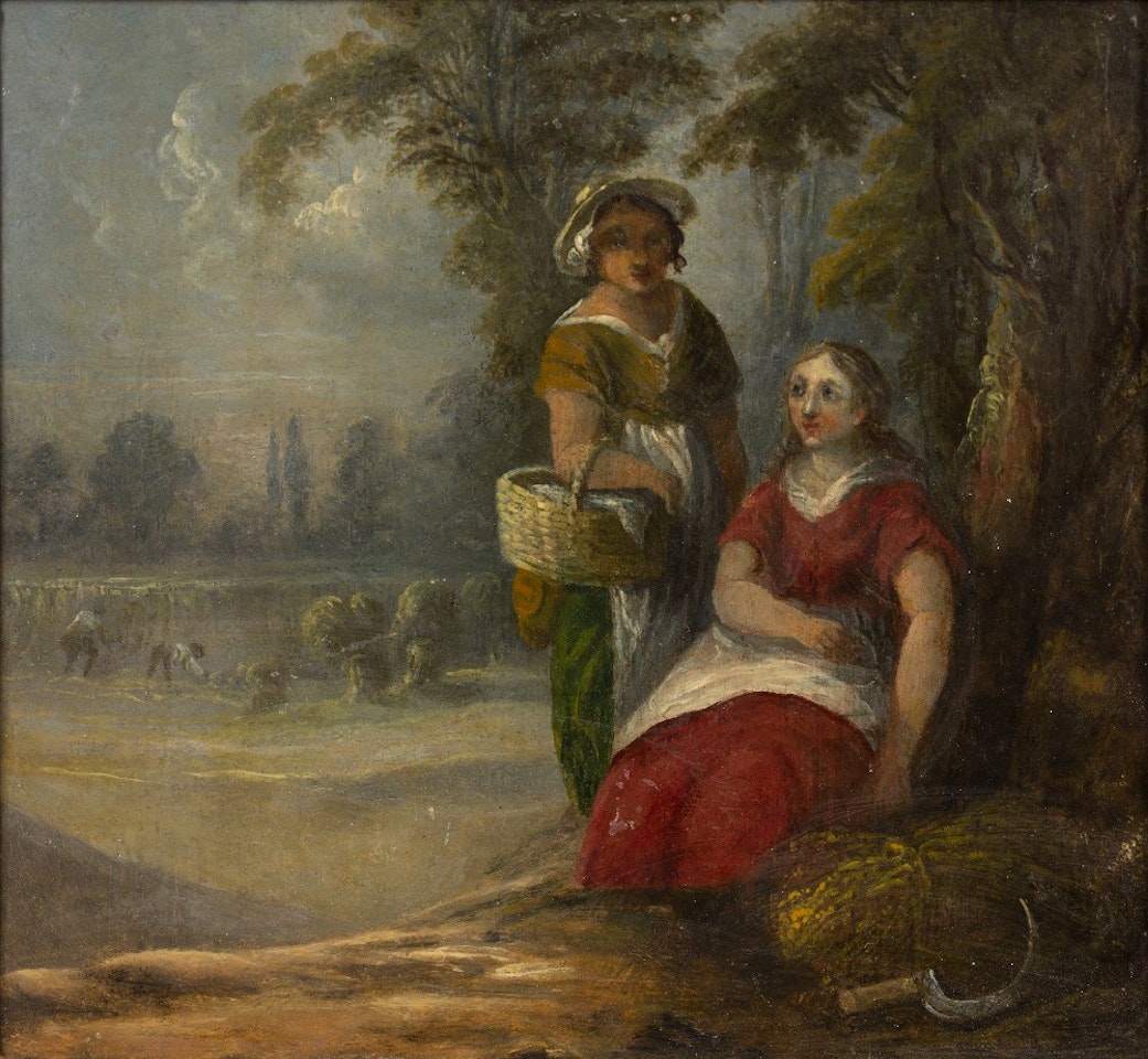Harvesting, with two women resting beneath a tree by English School
