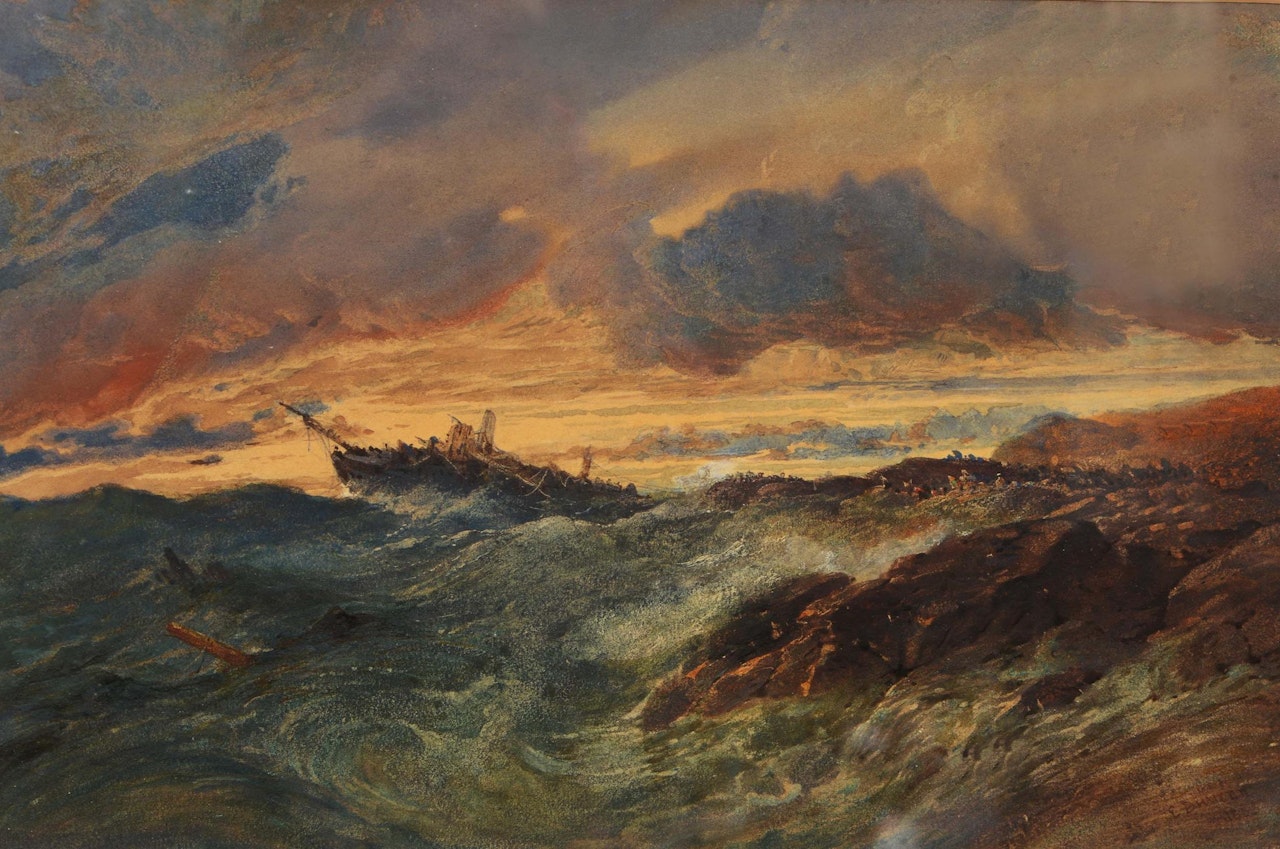 A ship in distress in stormy waters at sunset by Edward Duncan