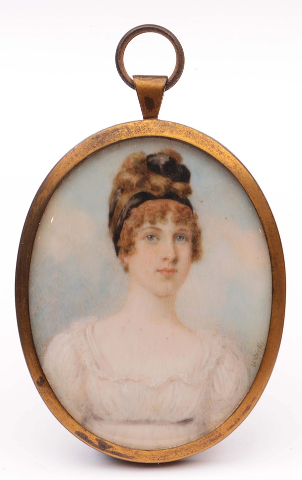 Head and shoulders portrait of a young lady, her curly brown hair tied by a ribbon and wearing white frock by English School