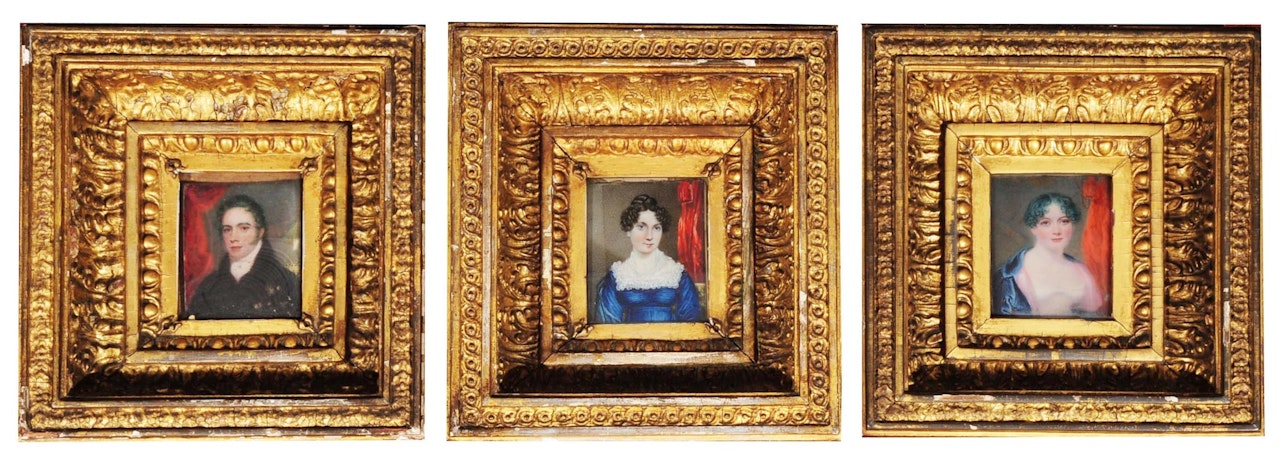 Shoulder length portrait of Thomas Gardner, his first wife Mrs Thomas Gardner (née Quirk) and his second wife Mrs Thomas Gardner (also née Quirk), a group of three by English School