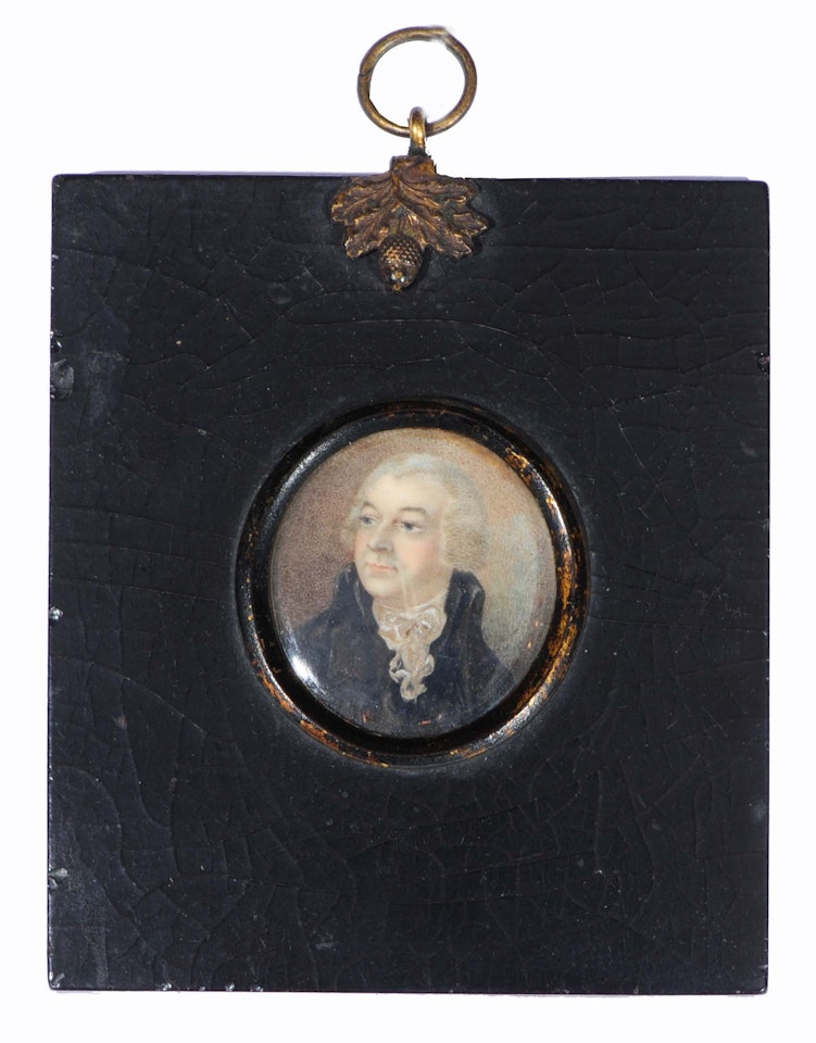 Head and shoulders portrait of a gentleman wearing powdered wig, black jacket and cravat by English School