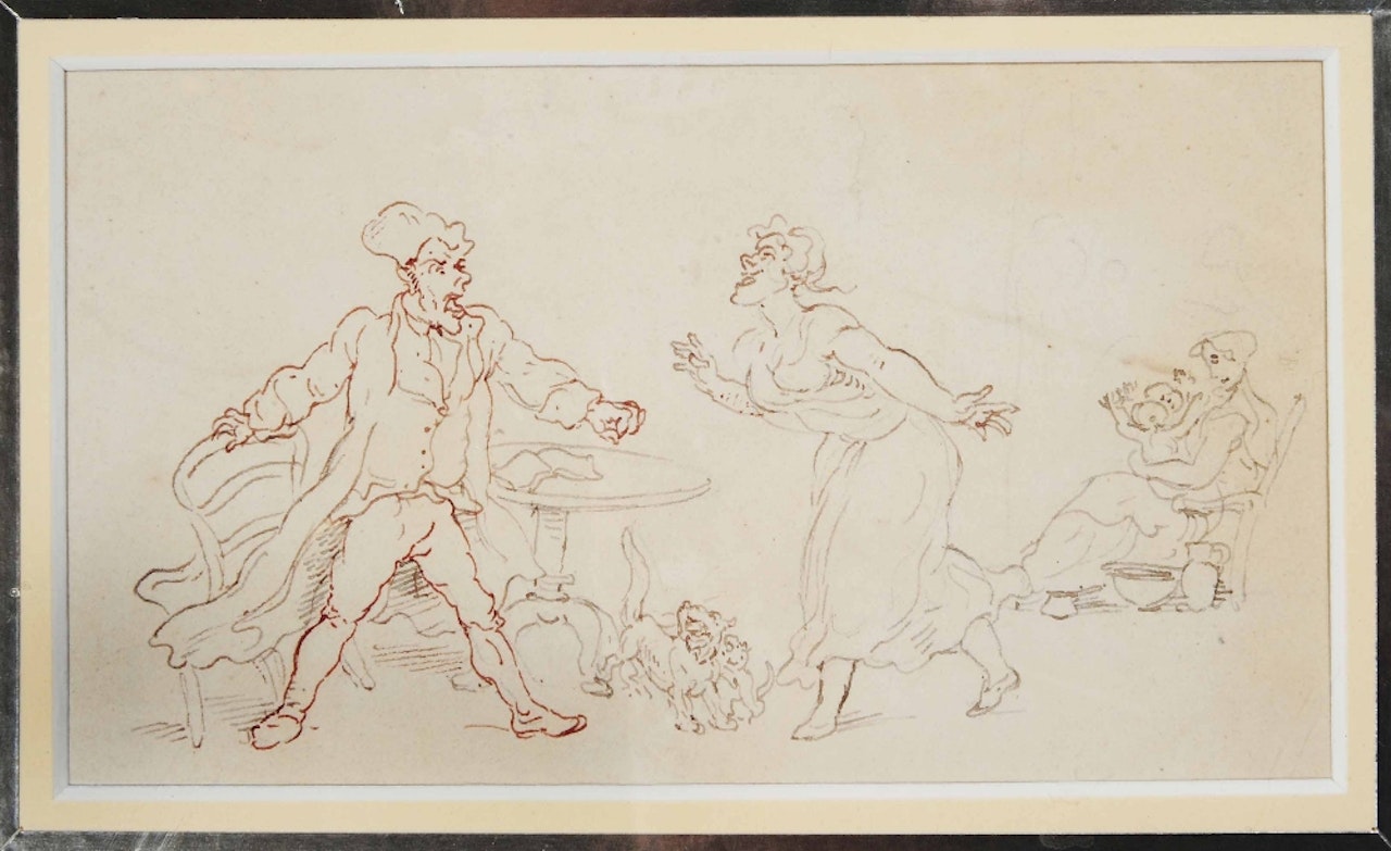 Two figures conversing by a table with dogs alongside, a preliminary sketch for an illustration to "Dr Syntax" by Thomas Rowlandson