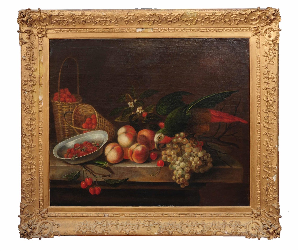 Still life - a parrot, peaches, bunch of grapes, cherries and strawberries within wicker baskets upon a marble ledge by Continental School