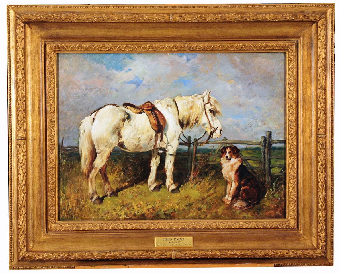 Saddled grey pony and a seated collie by a gate by John Emms