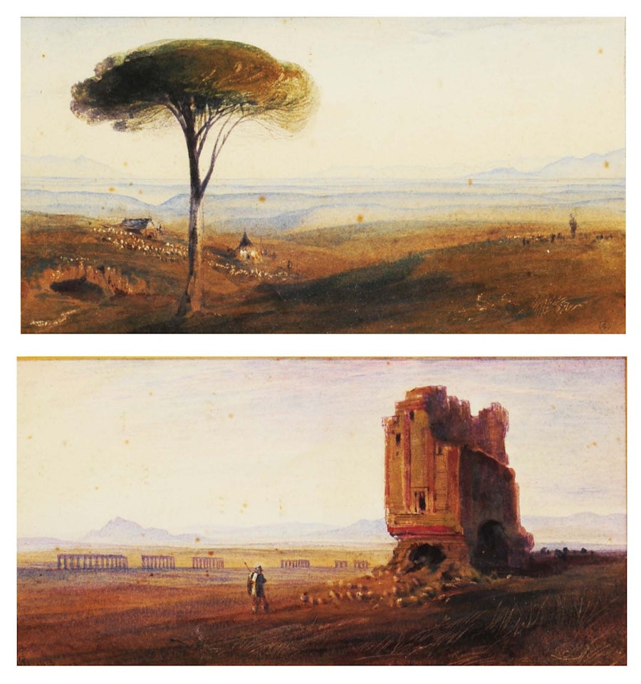 Middle Eastern landscape with figure approaching a ruined tower and classical columns in the distance by Edward Lear