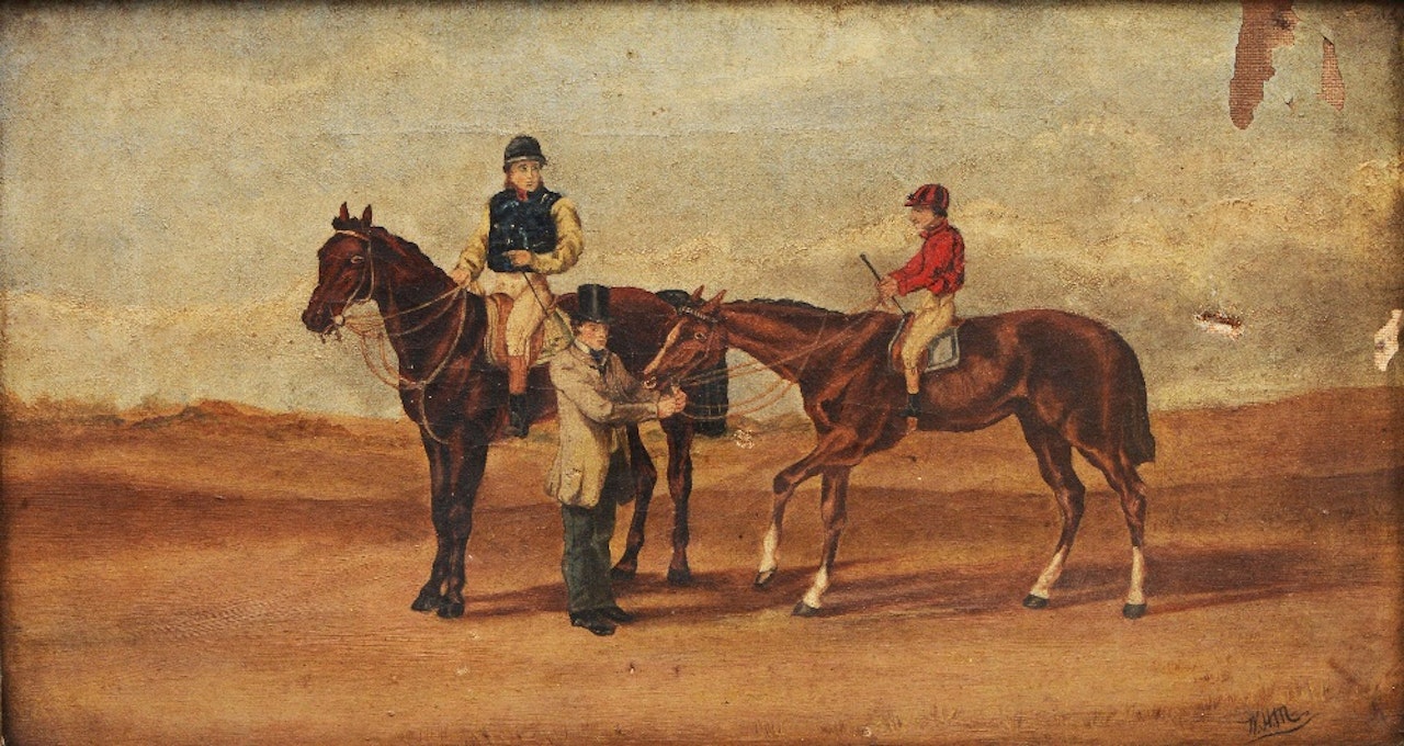 Two racehorses with jockeys up by English School