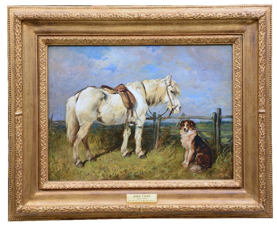 Saddled grey pony and a seated collie by a gate by John Emms