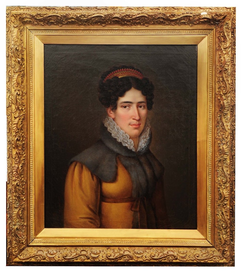 Portrait of Agathe D"Alencon with curly brown hair wearing a tiara, frilled collar, brown cloak and cap by French School