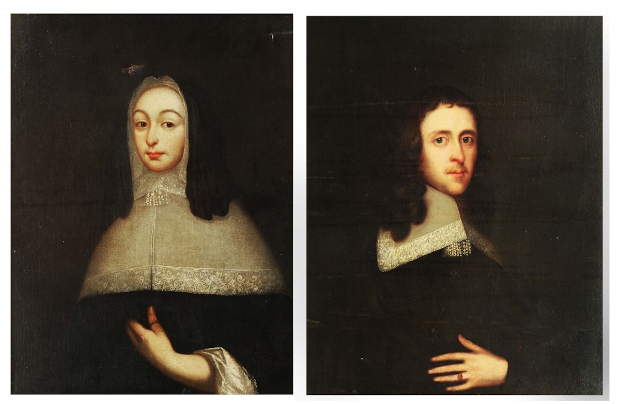 Portrait of a lady wearing black head dress, laced trimmed falling collar and holding her left hand to her stomach; companion portrait of a gentleman in a similar pose by English School