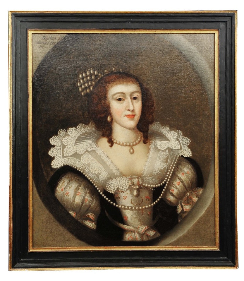 Portrait of Elizabeth Stuart (1596-1662; wearing a pearl necklace and earring, her dress with lace trimmed collar by English School
