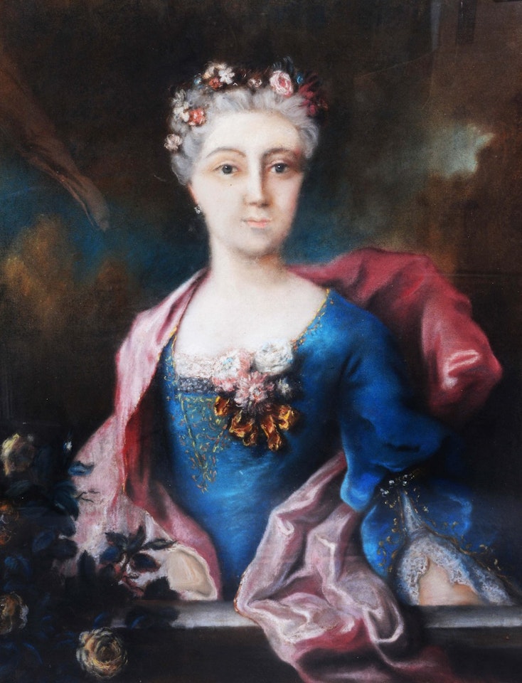 Portrait of a lady, with blue dress, pink shawl & flower adorned hair by English School