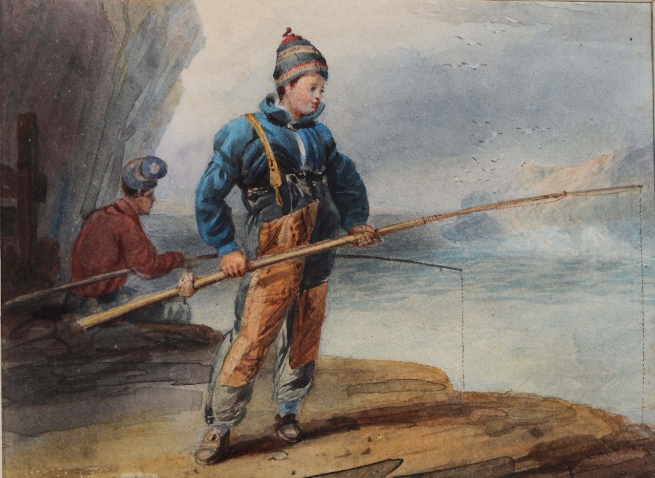 Boys fishing from a riverbank by Edward Duncan