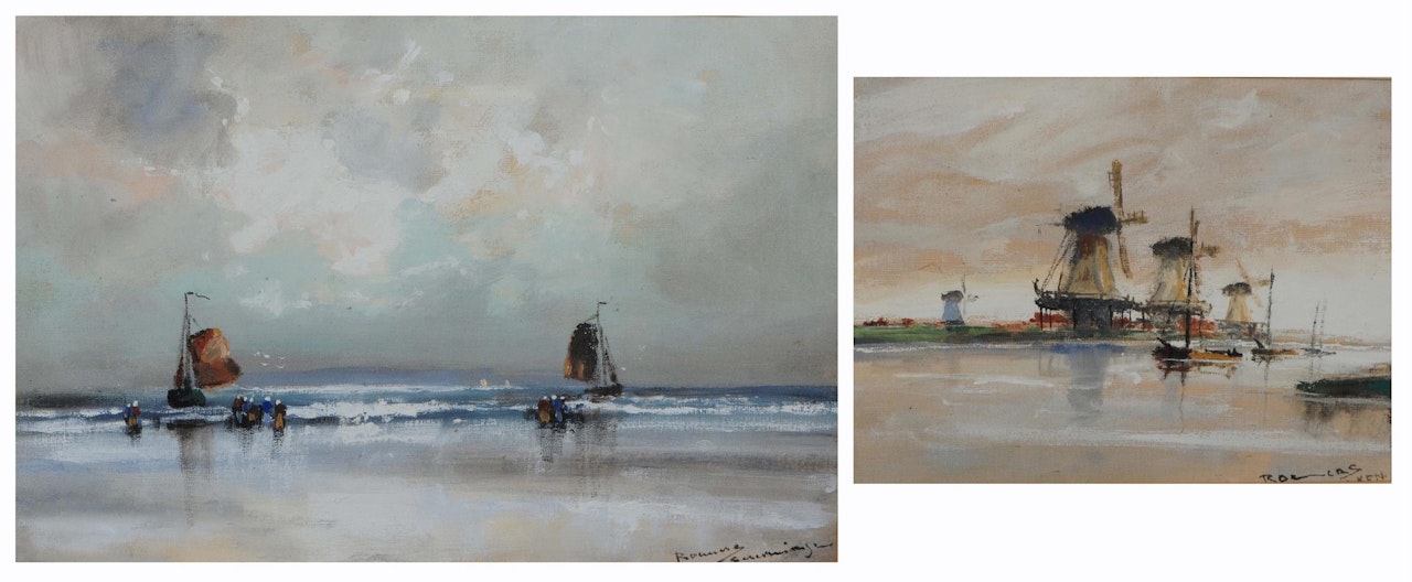 Fisher folk and sailing vessels at low tide; "Near Haywards Heath, Sussex" by Dutch School