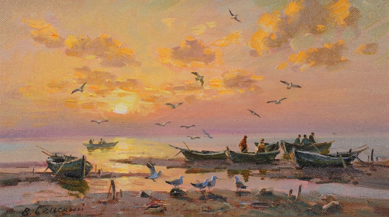 Low tide with seagulls and fisher folk tending to their boats at sunset by Russian School
