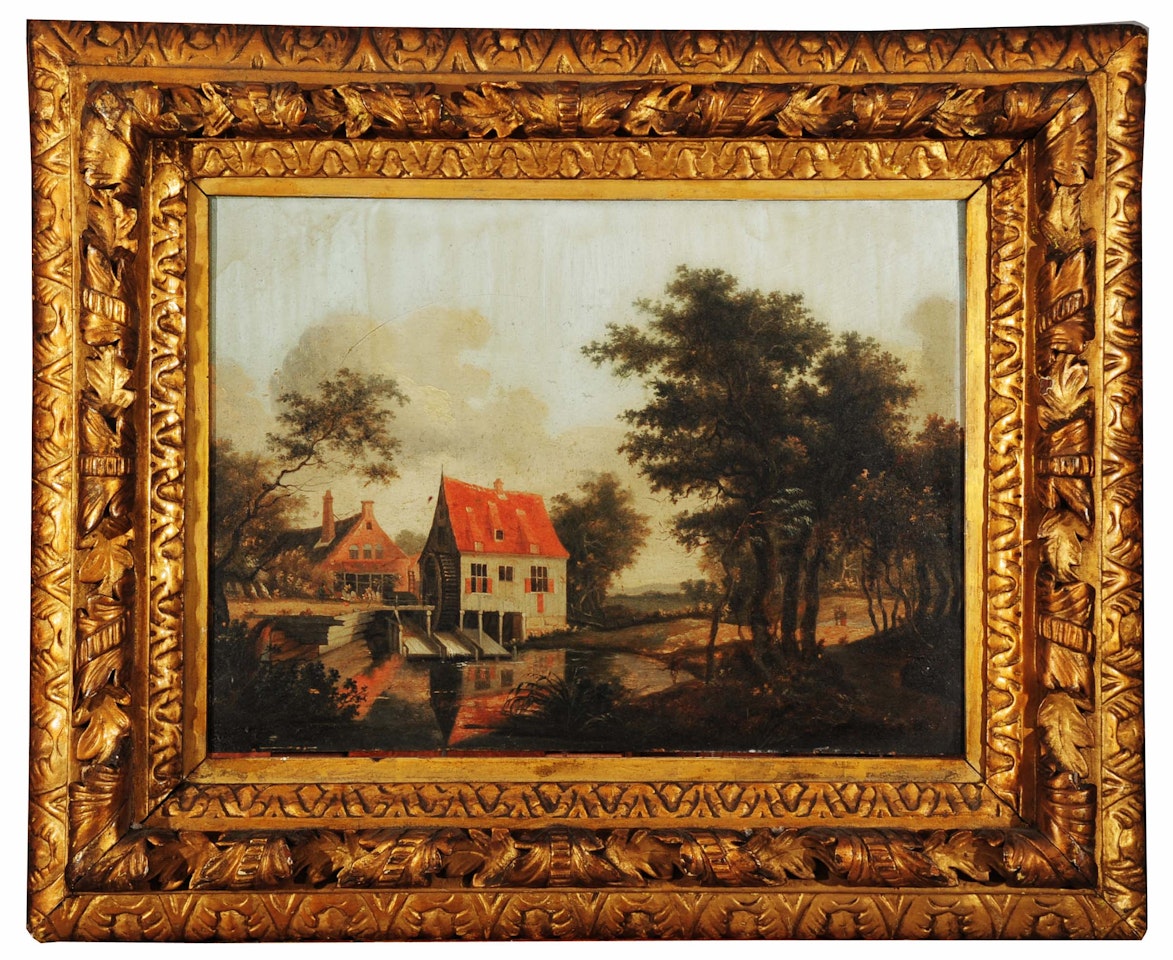 River landscape with water mill by Dutch School