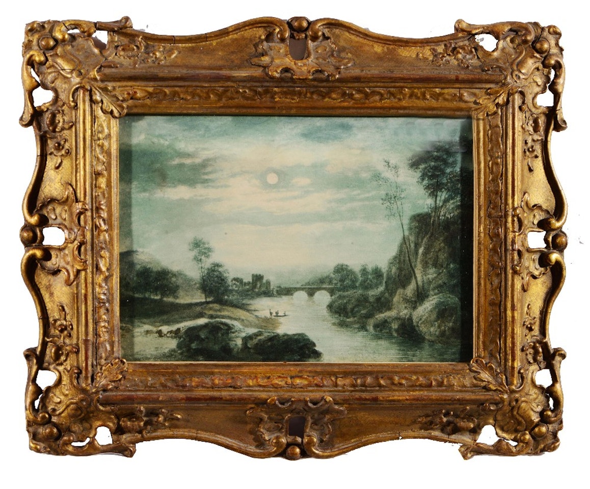 Moonlit river scene with distant castle and bridge by English School