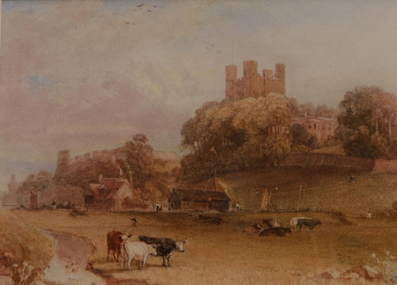 Cattle grazing in a field with hilltop castle by English School