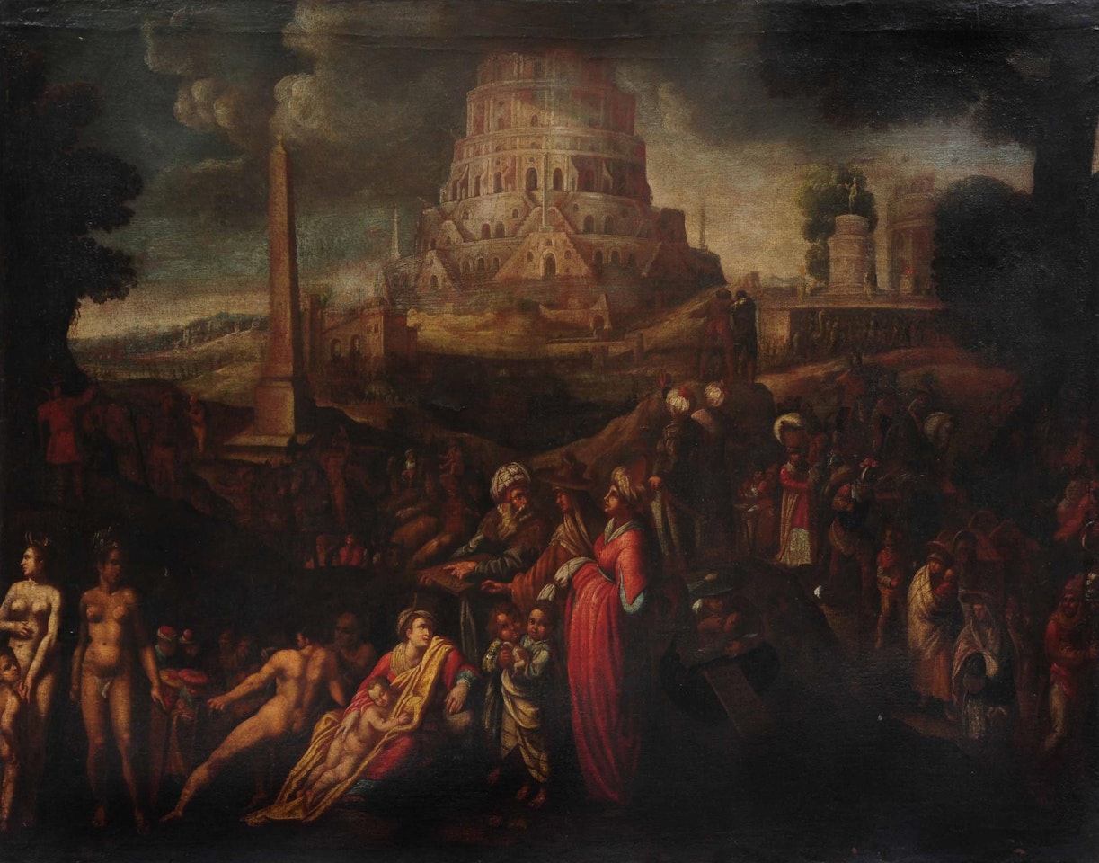 A multitude of clothed and naked figures in a landscape with the Tower of Babel behind by Italian School