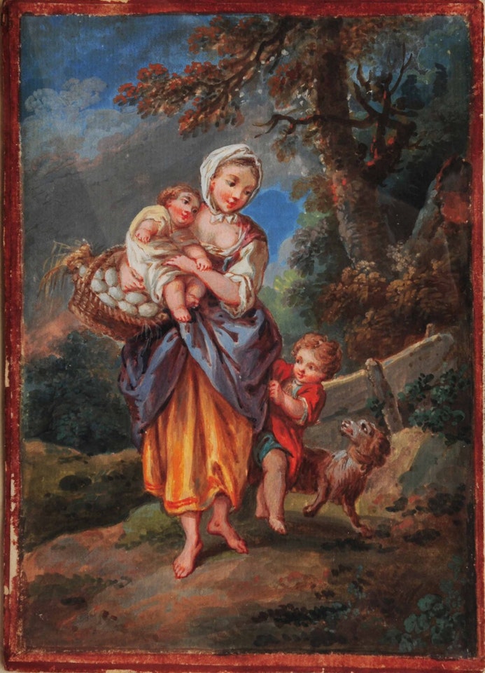 A mother with infants carrying a basket of eggs in a woodland setting with dog alongside by English School