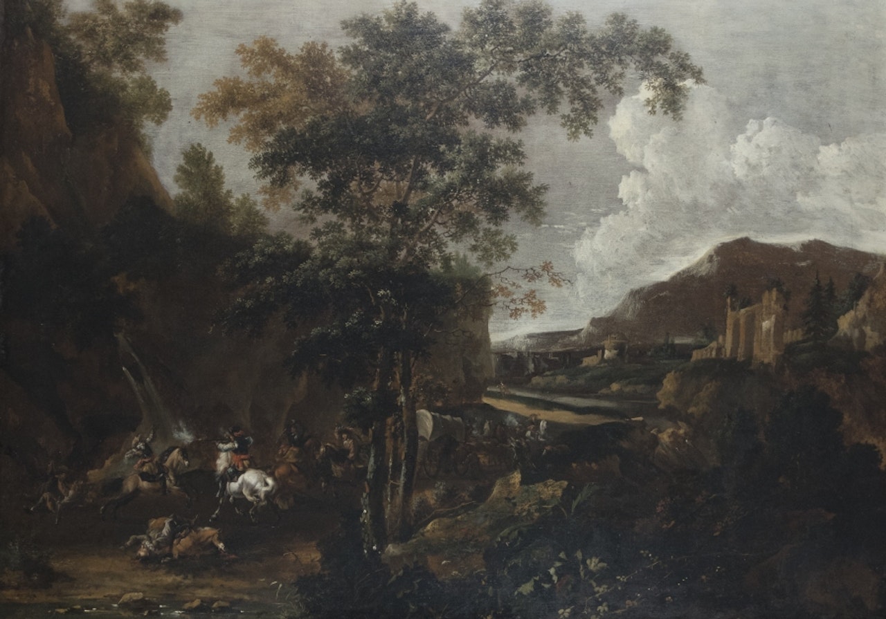 Equestrian battle in an ideal landscape by Nicolaes Pietersz Berchem