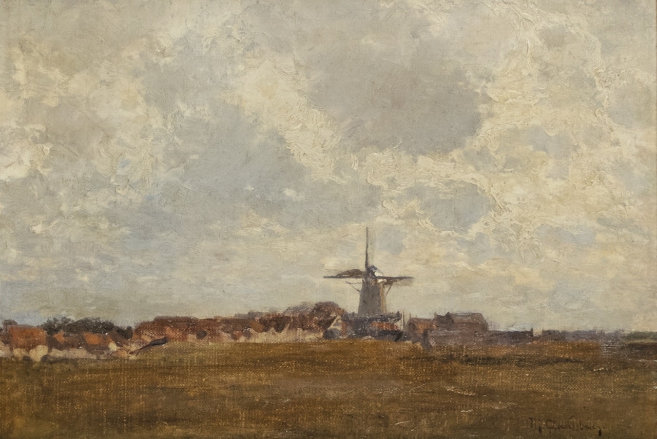 Village view with windmill by Max Clarenbach
