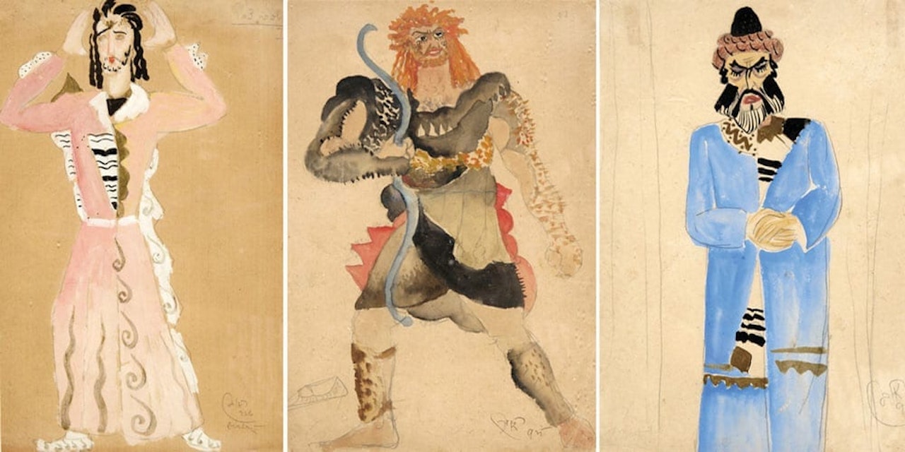 Lot of 3 paintings: Figures (Theatre set) by Reuven Rubin