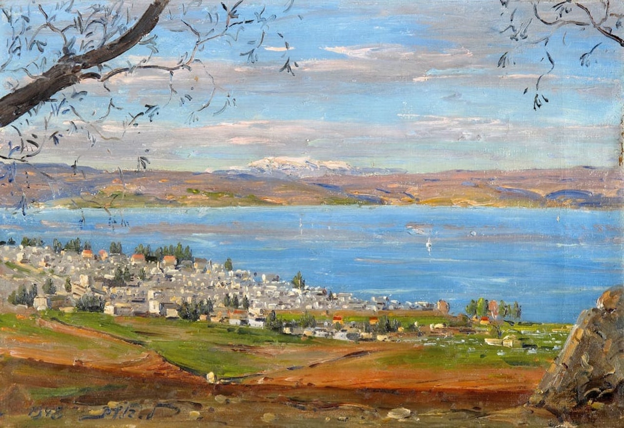 View of the Kinneret,Tiberias and Mt. Hermon by Ludwig Blum