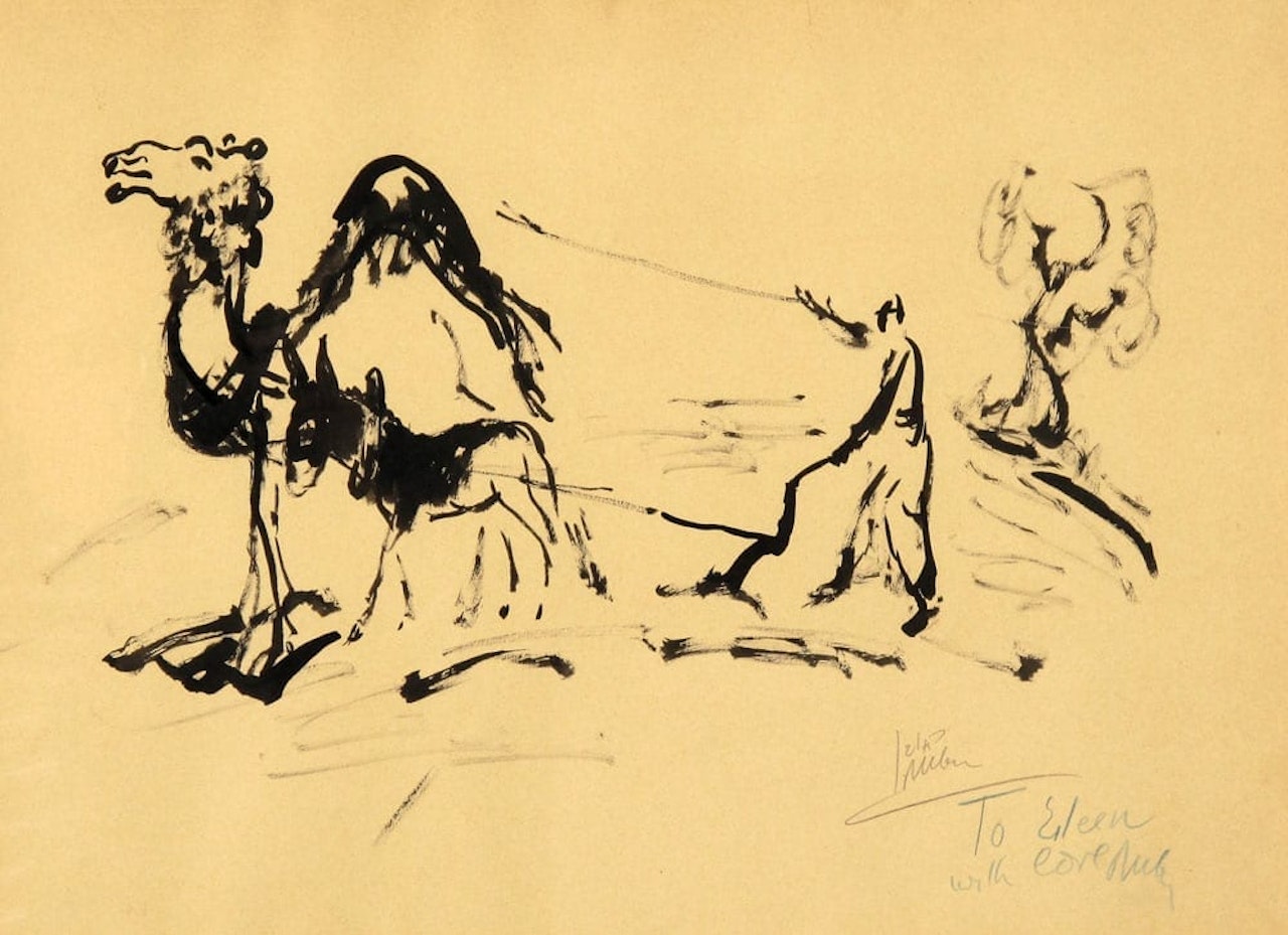 A Donkey and a Camel Plowing by Reuven Rubin